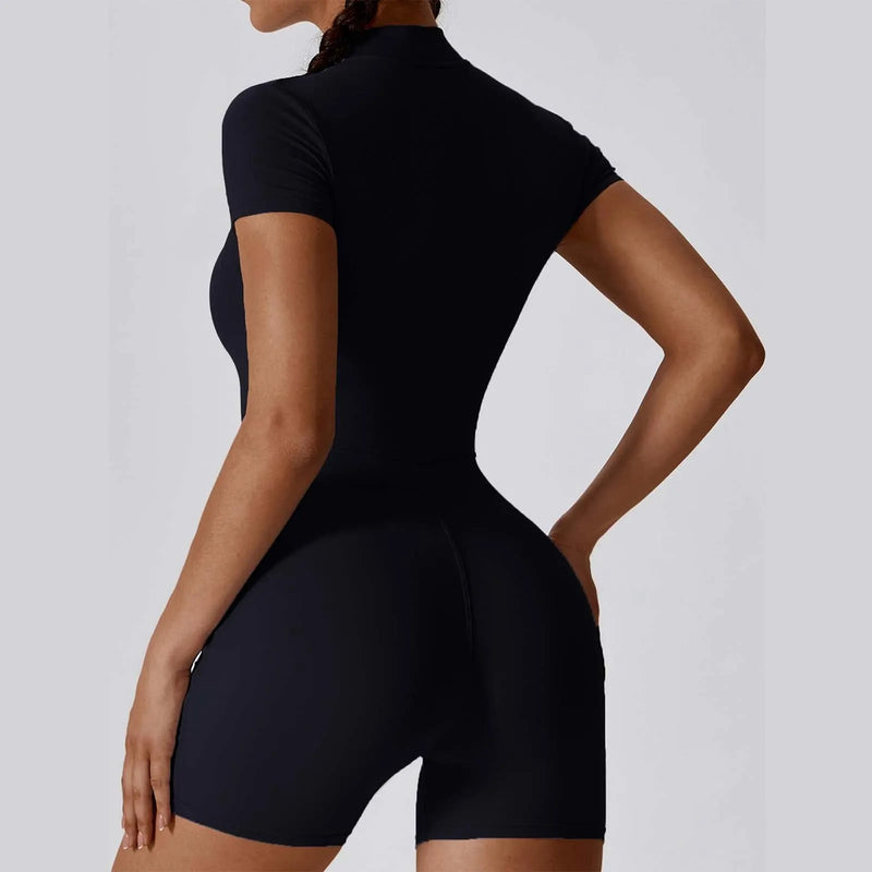 Plus Size Jumpsuit For Women'S Solid Color Summer Zippered Short Sleeve Yoga Shapewear For Dance Fitness Tight Workout Romper