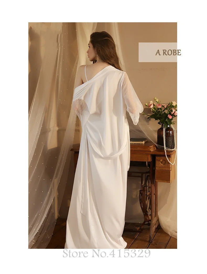 Wedding Bride Robe Set Women Sexy Lace Patchwork Nightgown Long Kimono Bath Gown Loose Suspender Nightdress Intimate Lingerie