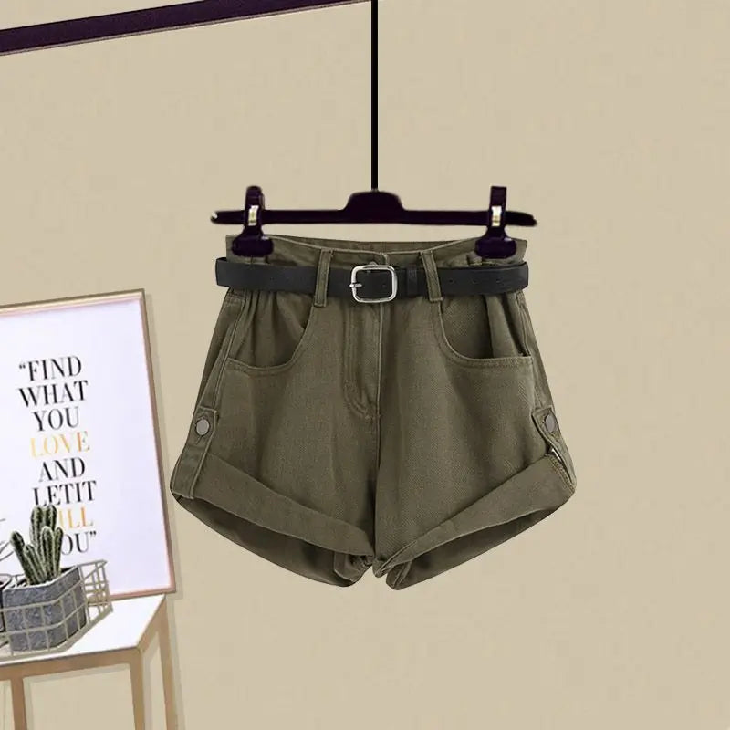 Women's Summer New Denim Shorts Matching Set Female Vintage Casual Sunscreen Shirt+suspender+High Waits Pants Three Piece Suit