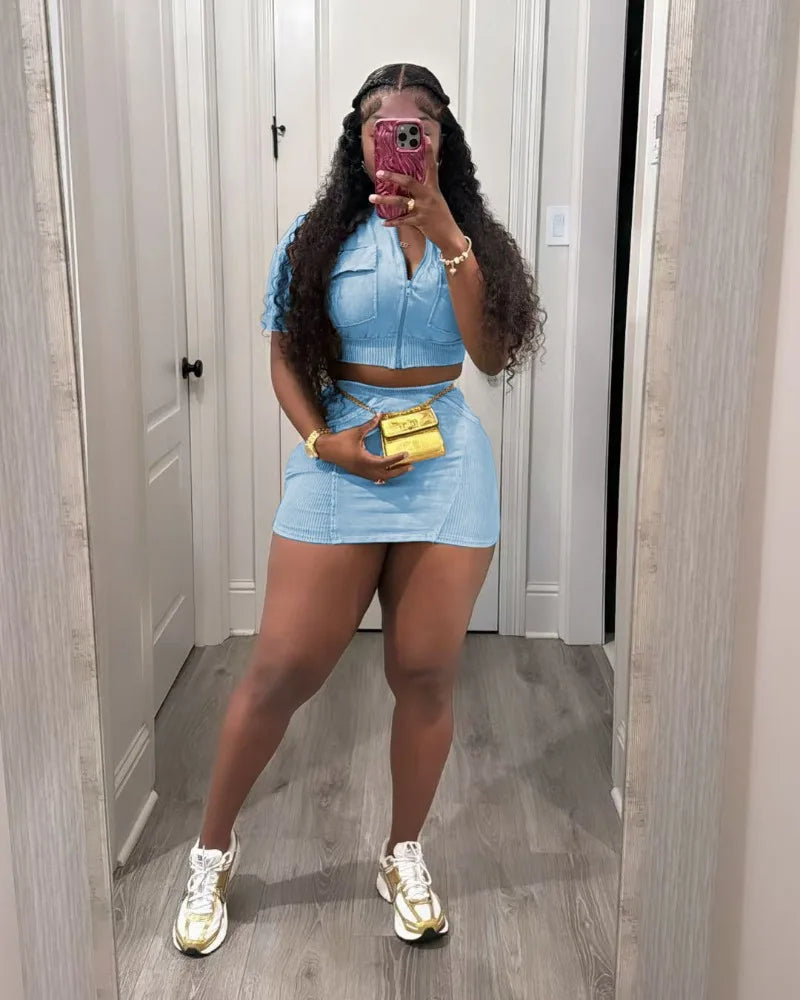 Women Solid Ribbed Patchwork 2 Piece Set Zip-up Short Sleeve Pockets Slim Crop Tops + Bodycon Mini Skirts Casual Streetwear Suit