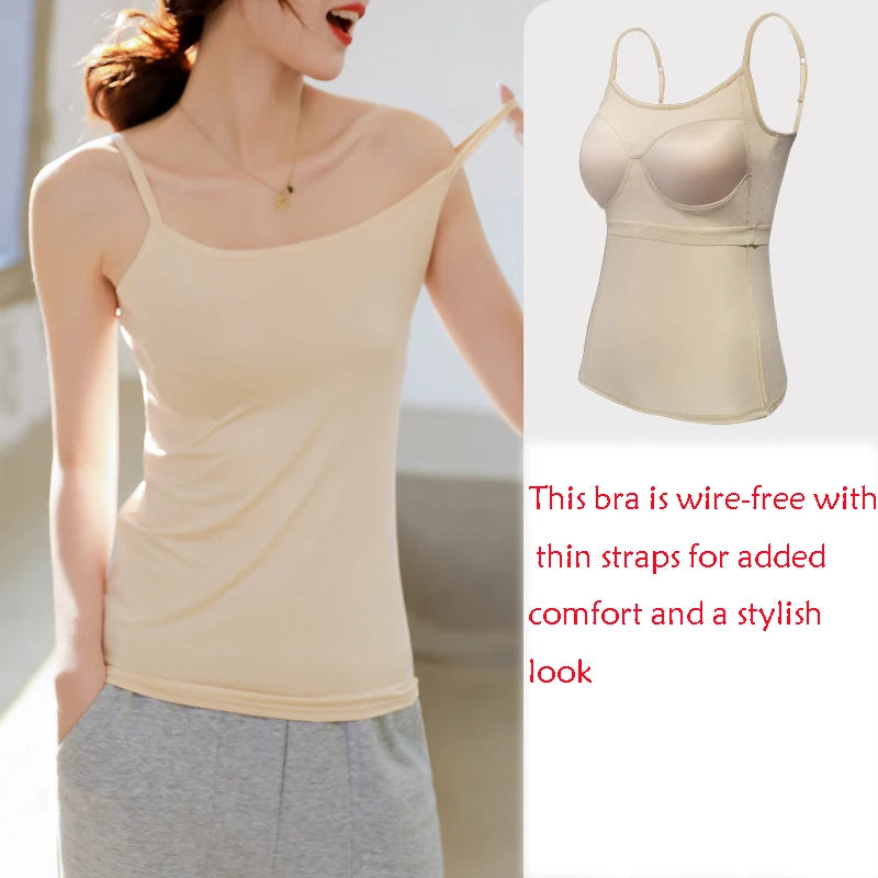 Modal Ribbed Camisole with Padded Bust Women Sleeveless Undershirt Summer Solid Color Outerwear Concealing Side Cleavage C4881