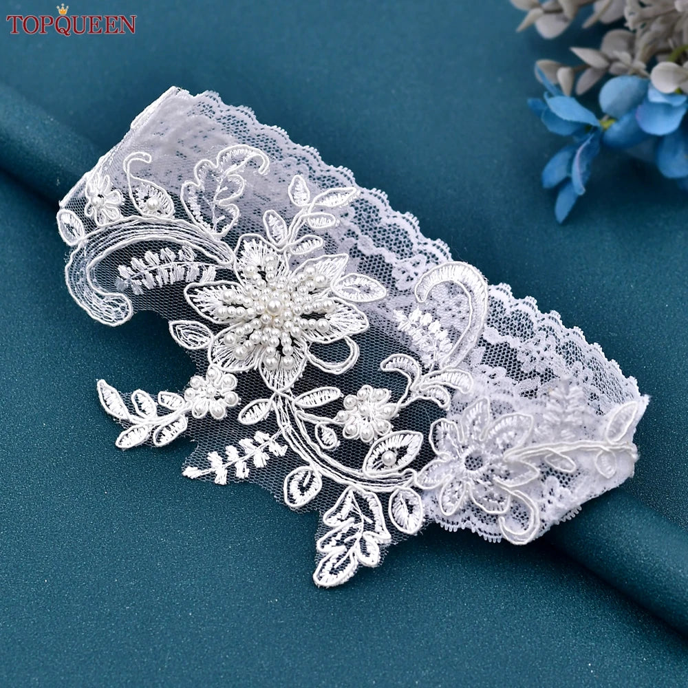 TopQueen ST66 Leg Ring Bride Sexy Lace Flower Rhinestones Pearls Wedding Garter Belt Bridal White Thigh Leg Accessories