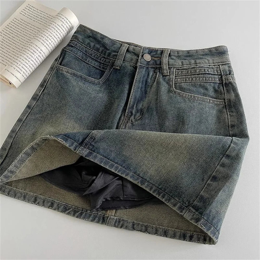 2024 Spring New Women High Belt Anti-exposure Short dress Retro Dark Fashion Solid color Short A Word Denim Skirt