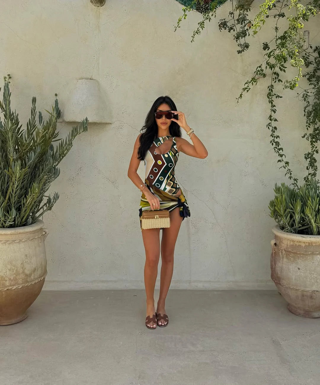 2025 New Luxury Design Women's Hollow Out One-piece Swimsuits And Skirt Geometry Print Sexy Bikini Fashion Beach Bathing Suit