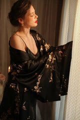 Bronzing Floral Kimono Robe Chinese Style Dress Big Sleeve Nightgown Lady Satin Homewear Bride Wedding Bathrobe Gown Loungewear