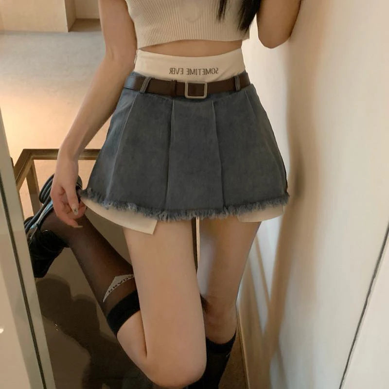 Gidyq Women High Waist Denim Skirts Summer Korean Fashion Patchwork Mini Skirts Streetwear Female Casual Tassels Jeans Skirts