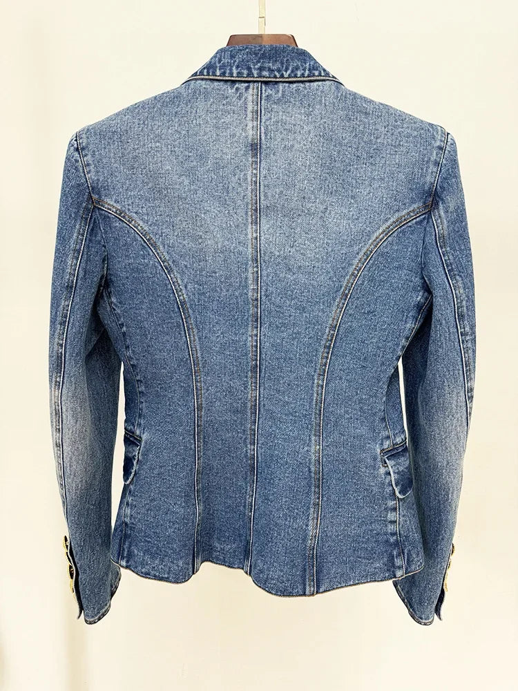 HIGH QUALITY Newest 2025 Designer Runway Blazer Women's Slim Fitting Double Breasted Lion Buttons Denim Jacket Mini Skirt