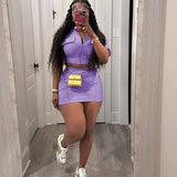 Women Solid Ribbed Patchwork 2 Piece Set Zip-up Short Sleeve Pockets Slim Crop Tops + Bodycon Mini Skirts Casual Streetwear Suit