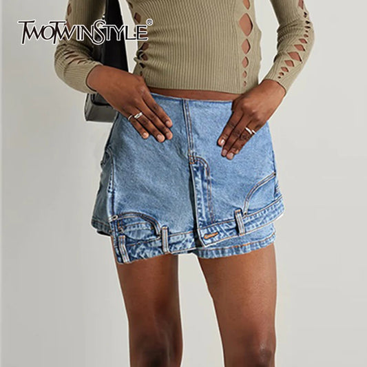 TWOTWINSTYLE Patchwork Pocket Irregular Chic Denim Shorts For Women High Waist Spliced Zipper Designer Short Pants Female New