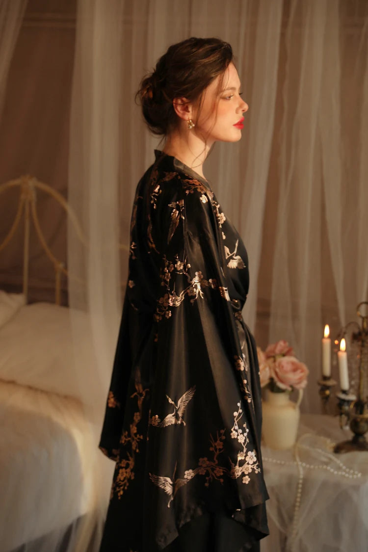 Bronzing Floral Kimono Robe Chinese Style Dress Big Sleeve Nightgown Lady Satin Homewear Bride Wedding Bathrobe Gown Loungewear