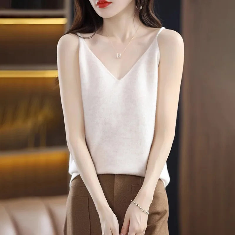 Spring Summer Women Camis Tops Solid Casual Knitted Tops Sexy V-neck Bottoming Tank Tops 2024 Knit Fashion Korean Tank Top
