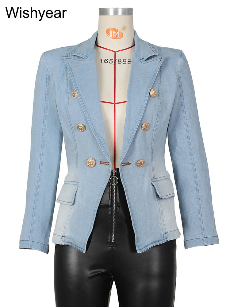 Fashion Notched Collar Long Sleeve Double Breasted Denim Coats for Women Slim Jeans Jacket Casual Streetwear Female Blazer Tops