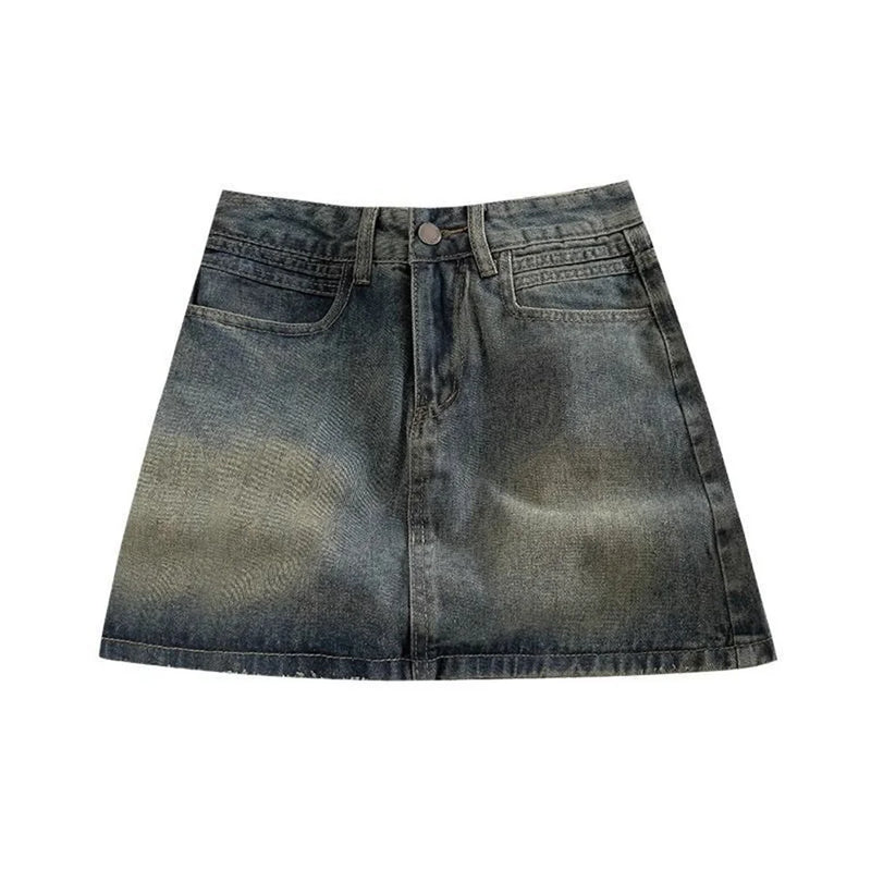 2024 Spring New Women High Belt Anti-exposure Short dress Retro Dark Fashion Solid color Short A Word Denim Skirt