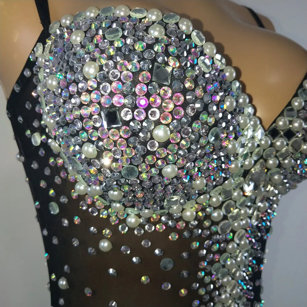 Sexy V Neck Perspective Mesh Elastic Crystals Bodysuit Women Dancer Stage Performance Costume Luxurious Gemstones Pearls Tights