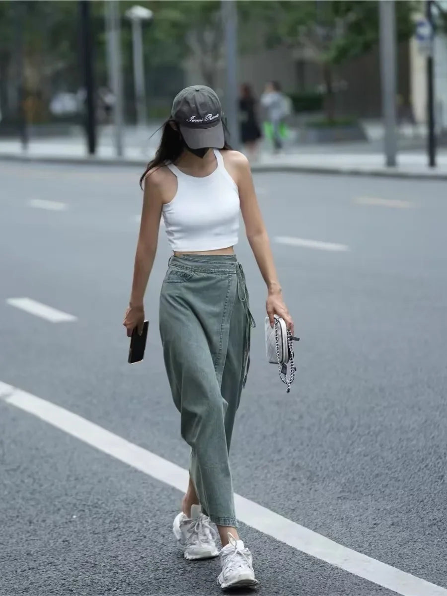 Women Long Denim Skirt Y2k 2000s Clothes Skirt Harajuku Korean 90s Fashion Vintage Gradient A-line Jean Skirt Grunge Clothes