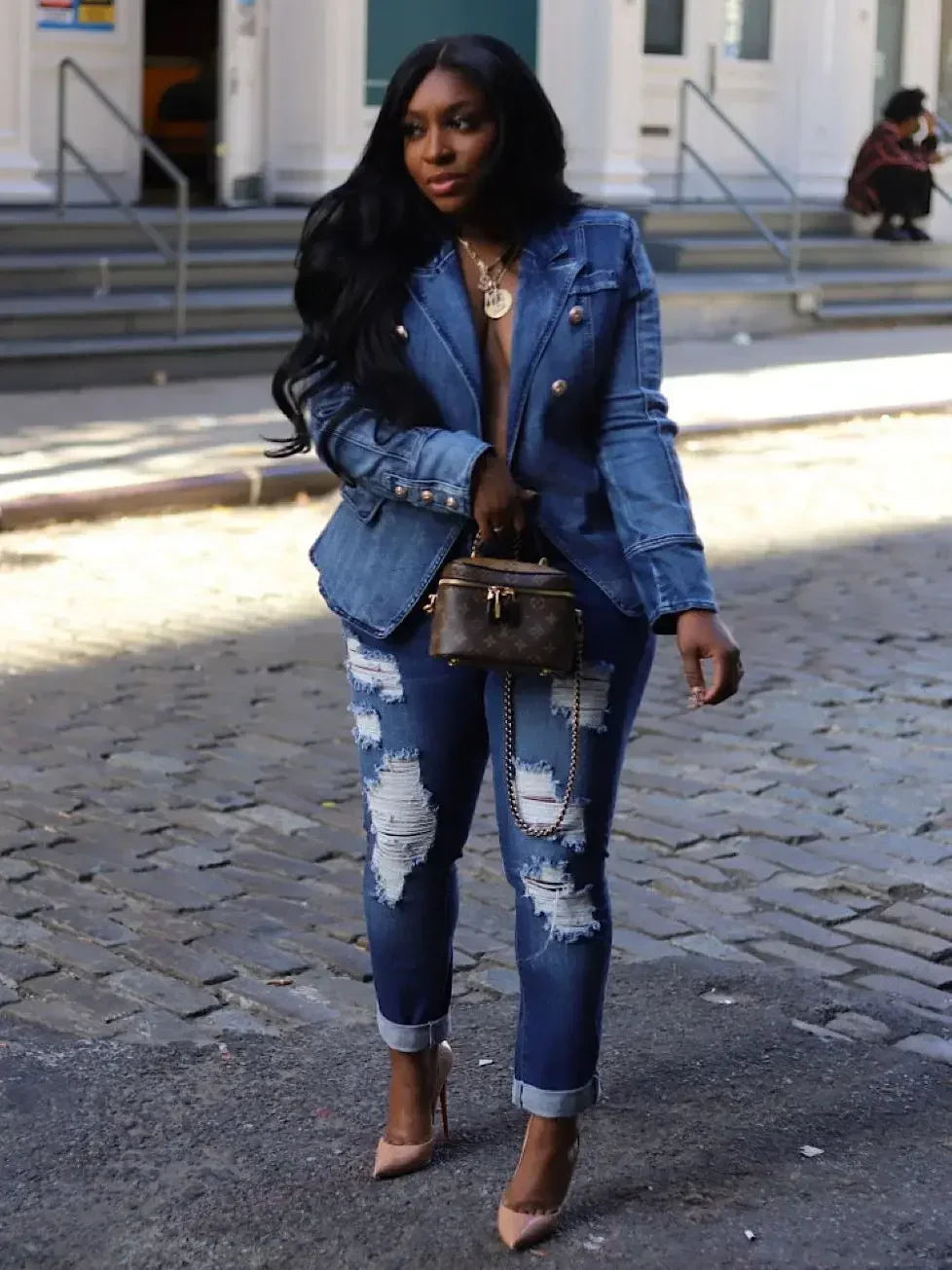 Women New Slim Double-Breasted Button Denim Jacket Coat Slim Long Sleeve Autumn Ripped Fashion Jacket Blazer