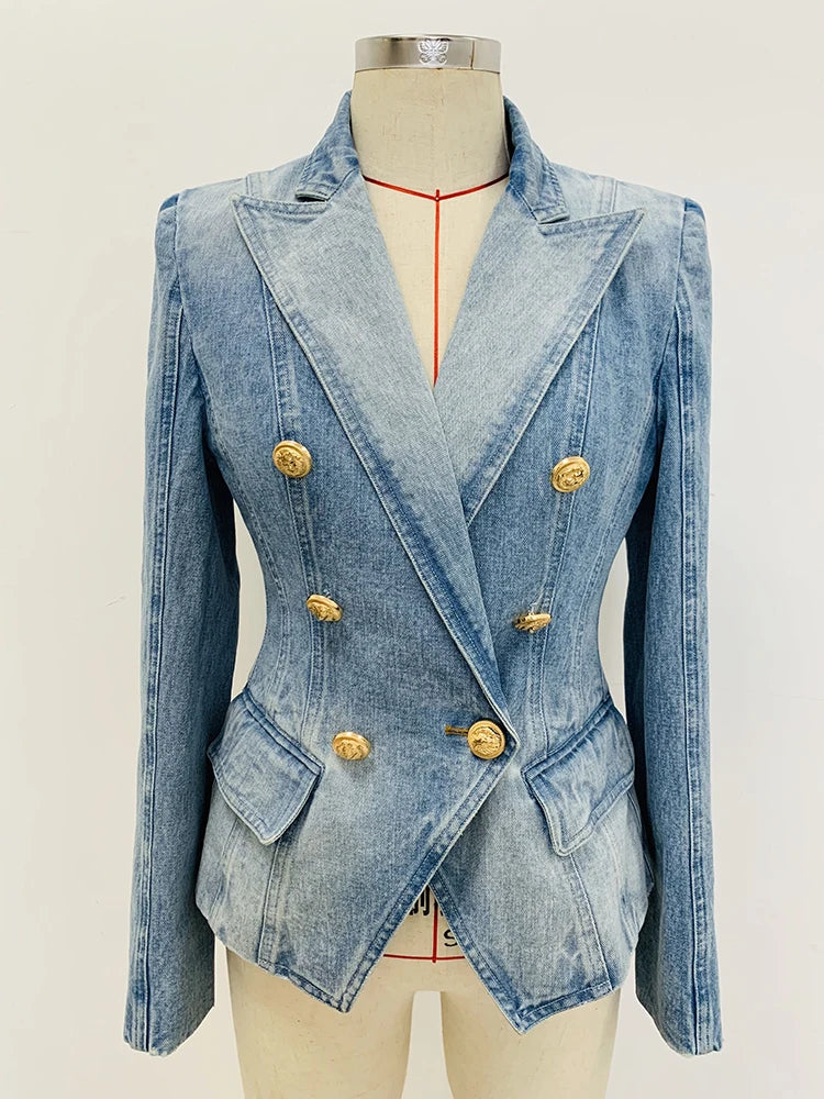 HIGH STREET Newest 2024 Designer Jacket Women's Slim Fitting Double Breasted Lion Buttons Denim Blazer