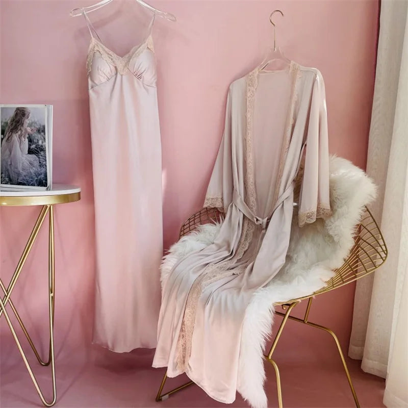 New Female Long Robe Nightgown Set Sexy Lace Trim Sleepwear Suspender Nightdress Spring Summer Casual Satin Home Dress Bathrobe
