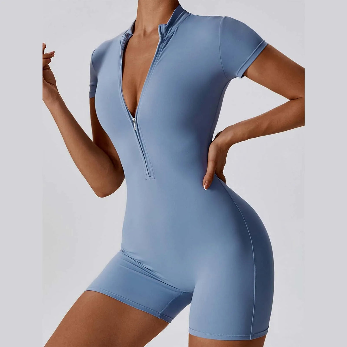 Plus Size Jumpsuit For Women'S Solid Color Summer Zippered Short Sleeve Yoga Shapewear For Dance Fitness Tight Workout Romper