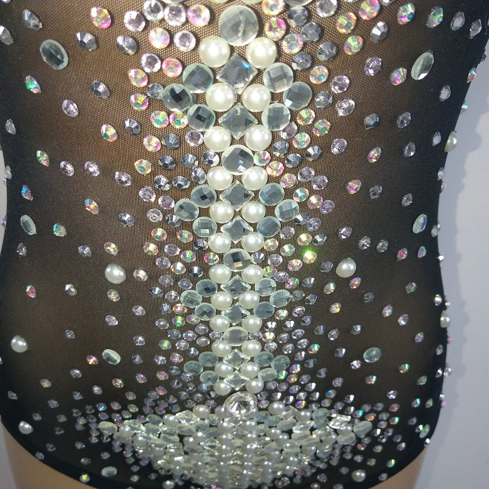 Sexy V Neck Perspective Mesh Elastic Crystals Bodysuit Women Dancer Stage Performance Costume Luxurious Gemstones Pearls Tights