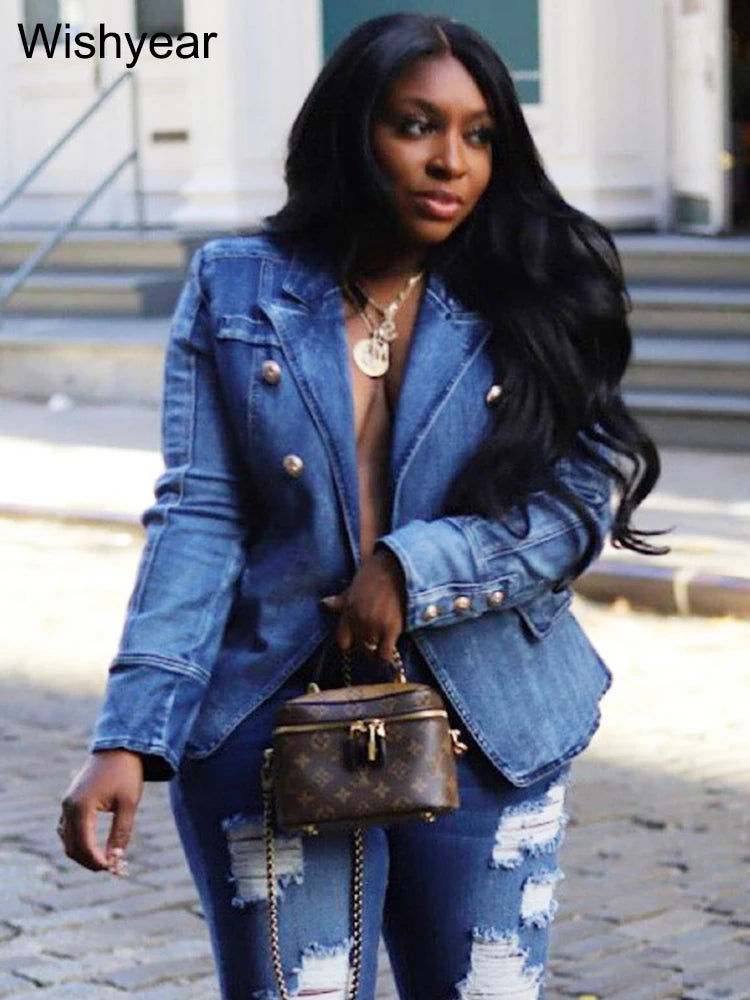 Fashion Notched Collar Long Sleeve Double Breasted Denim Coats for Women Slim Jeans Jacket Casual Streetwear Female Blazer Tops