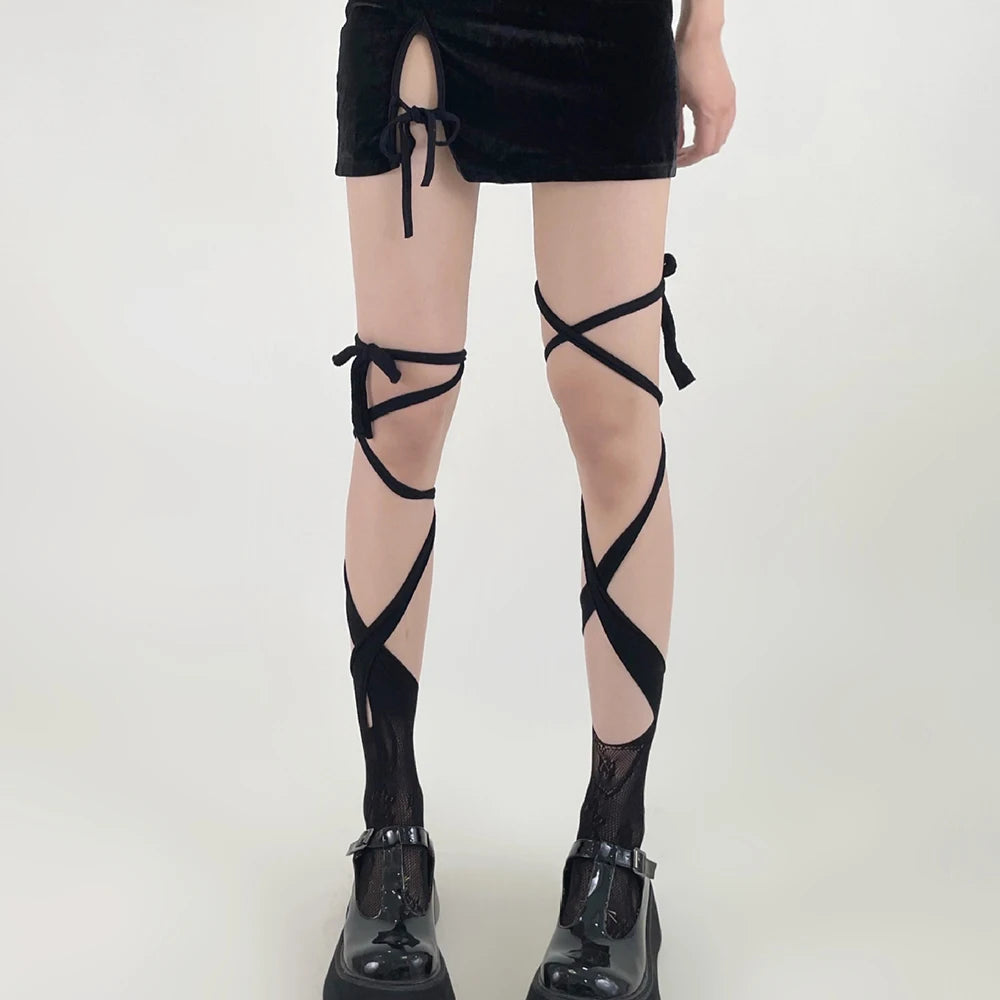Women's Jk Tie Lace Fishnet Stockings Irregular Split-toe Calf Socks Middle Tube Socks Straps Summer Sexy Long Japanese Socks