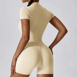 Plus Size Jumpsuit For Women'S Solid Color Summer Zippered Short Sleeve Yoga Shapewear For Dance Fitness Tight Workout Romper