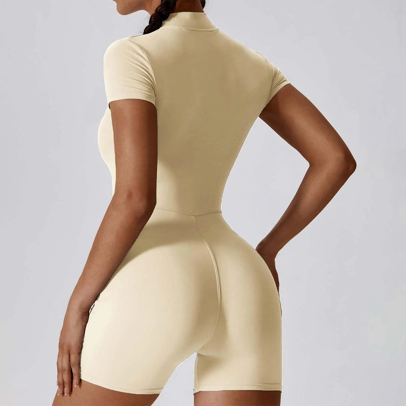 Plus Size Jumpsuit For Women'S Solid Color Summer Zippered Short Sleeve Yoga Shapewear For Dance Fitness Tight Workout Romper