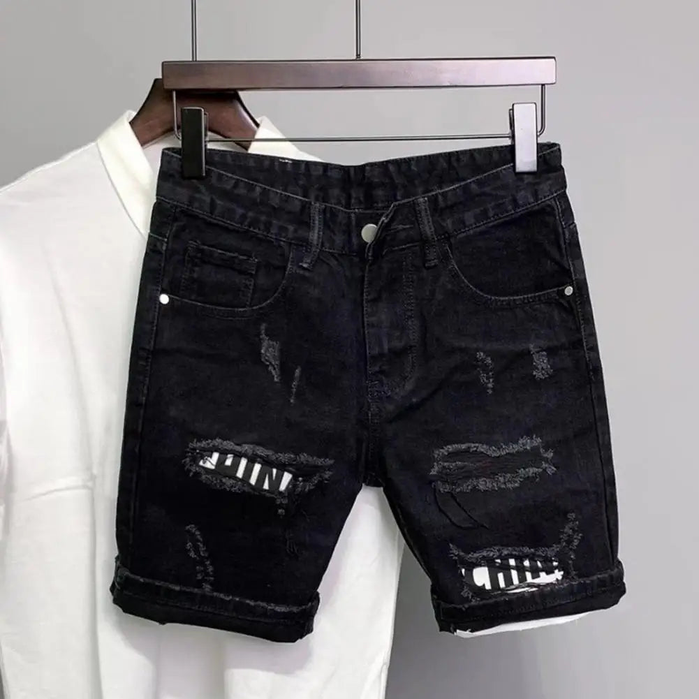 Summer Men Ripped Patchwork Denim Shorts Straight Button Zipper Pockets Shorts Knee-Length Denim Short Pants
