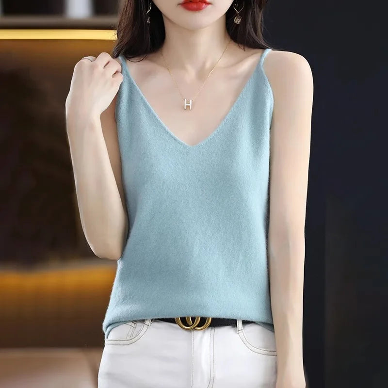 Spring Summer Women Camis Tops Solid Casual Knitted Tops Sexy V-neck Bottoming Tank Tops 2024 Knit Fashion Korean Tank Top