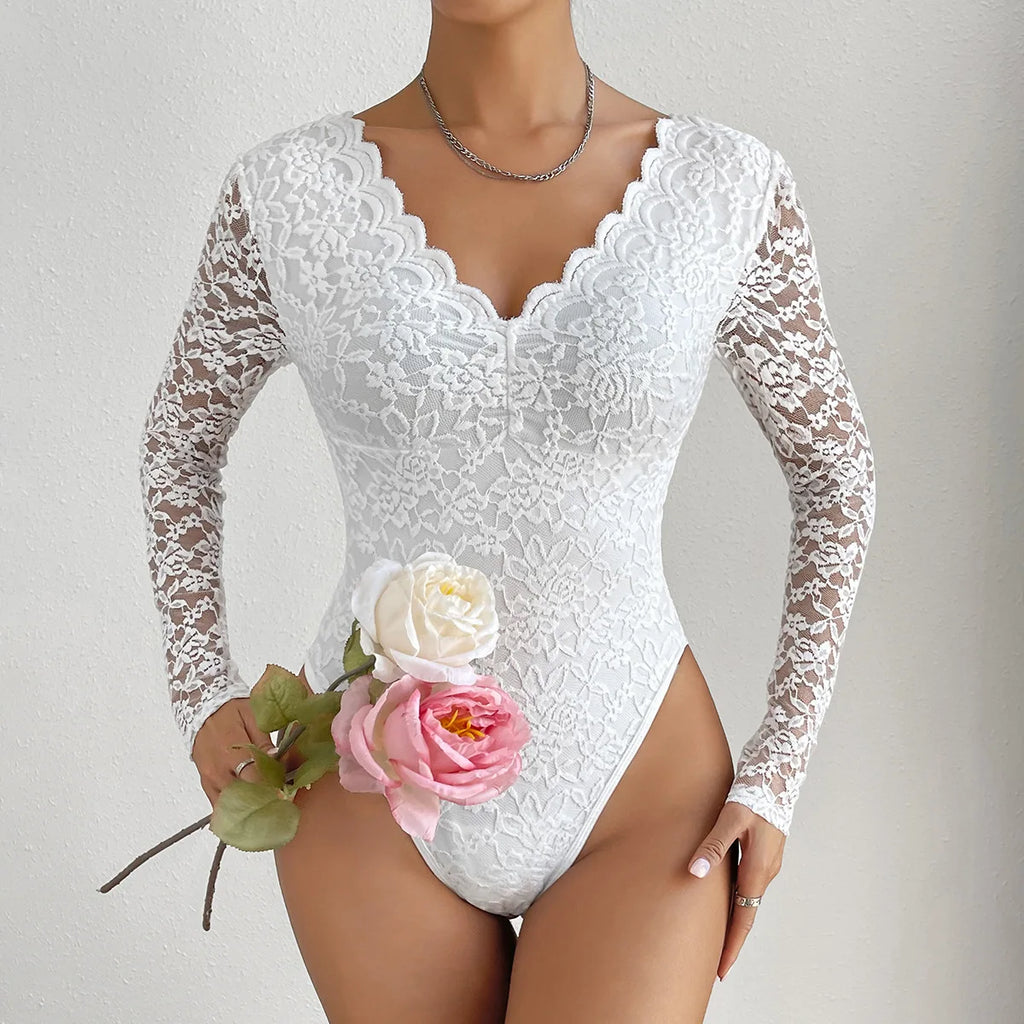 Womens Elegant Floral lace Shaping Bodysuit Sexy Scallop Trim V Neck Slimming Body Shaper Slim Night Club Party Leotards Tops
