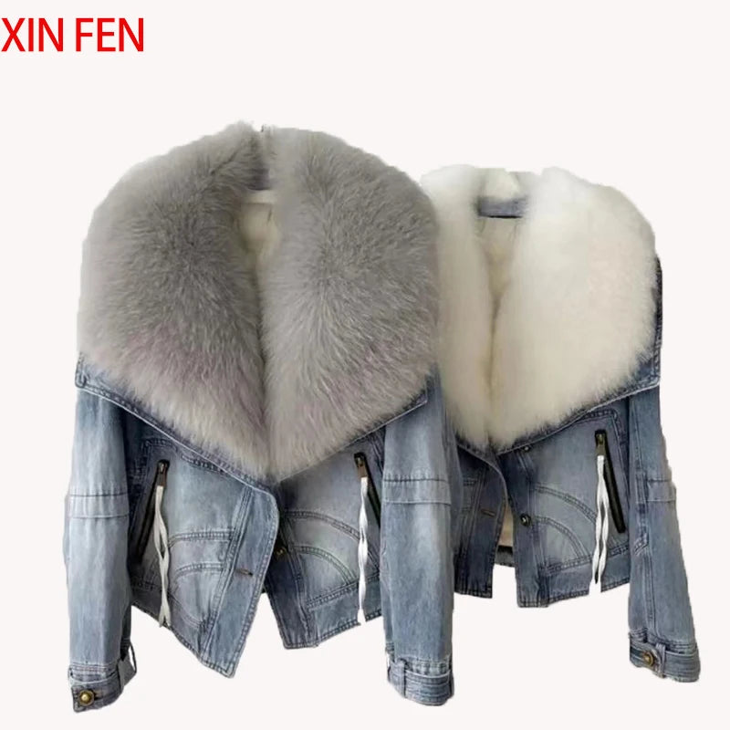 Womens Coats Spring 2025New 100%Natural Real Fox Fur Collar Fashion Short Denim Jacket Luxury Goose Down Puffer Jackets Clothing