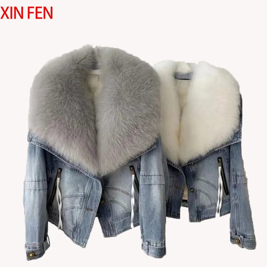 Womens Coats Spring 2025New 100%Natural Real Fox Fur Collar Fashion Short Denim Jacket Luxury Goose Down Puffer Jackets Clothing