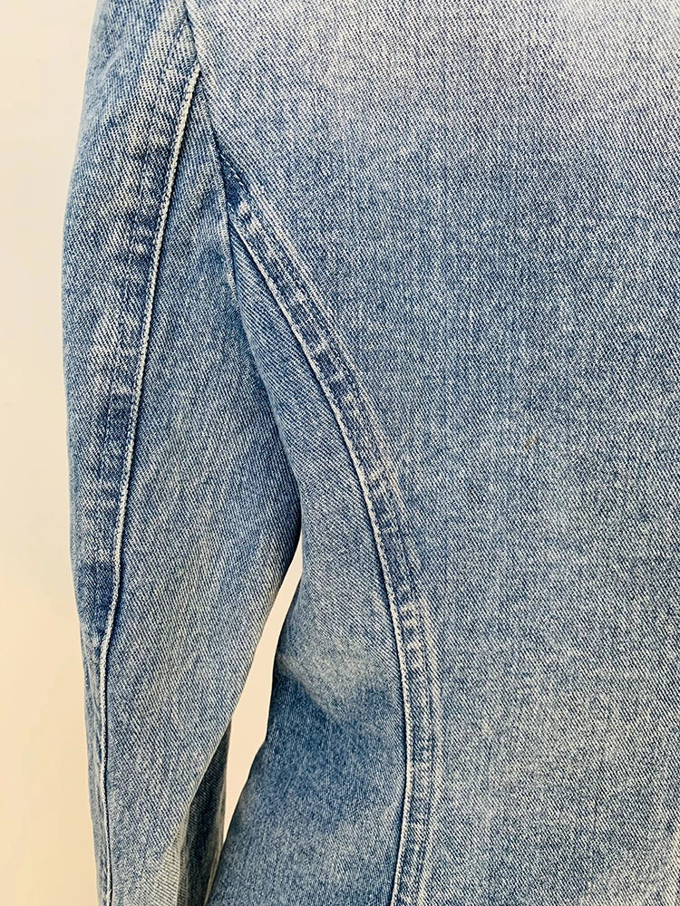 HIGH STREET Newest 2024 Designer Jacket Women's Slim Fitting Double Breasted Lion Buttons Denim Blazer