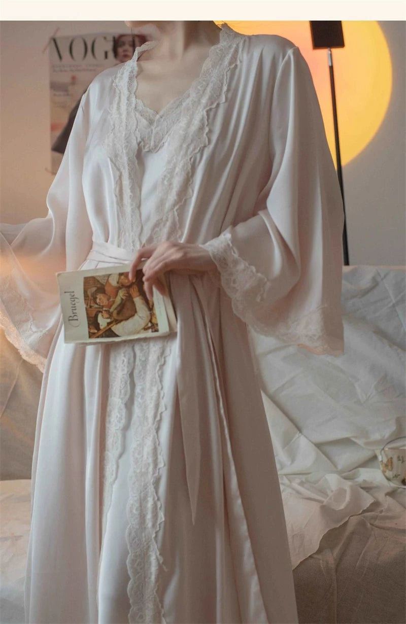 New Female Long Robe Nightgown Set Sexy Lace Trim Sleepwear Suspender Nightdress Spring Summer Casual Satin Home Dress Bathrobe