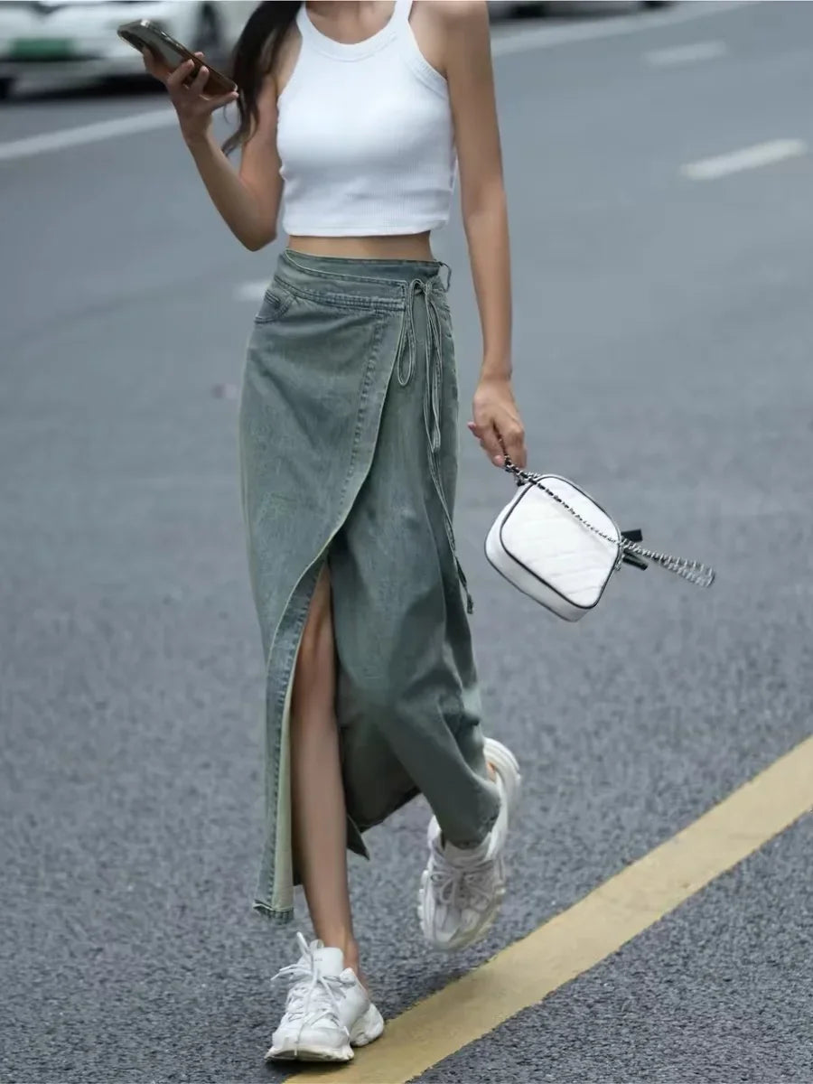 Women Long Denim Skirt Y2k 2000s Clothes Skirt Harajuku Korean 90s Fashion Vintage Gradient A-line Jean Skirt Grunge Clothes