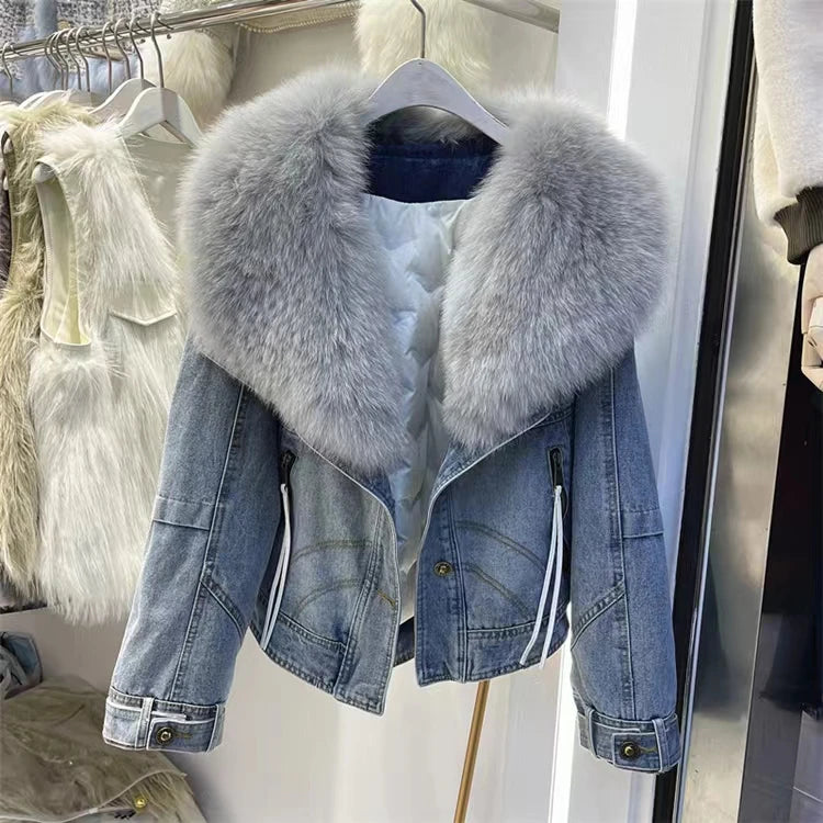 Womens Coats Spring 2025New 100%Natural Real Fox Fur Collar Fashion Short Denim Jacket Luxury Goose Down Puffer Jackets Clothing