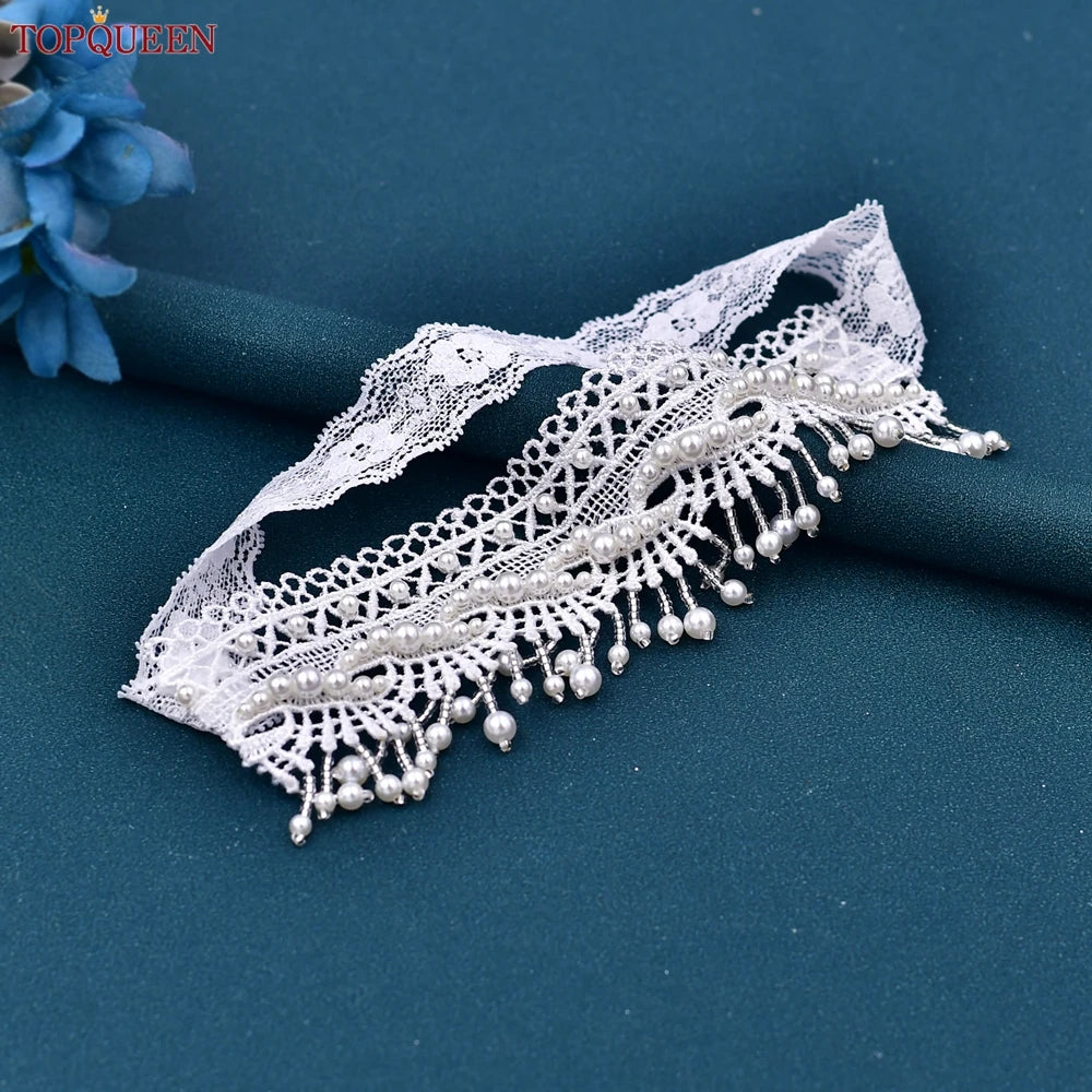 TopQueen ST66 Leg Ring Bride Sexy Lace Flower Rhinestones Pearls Wedding Garter Belt Bridal White Thigh Leg Accessories