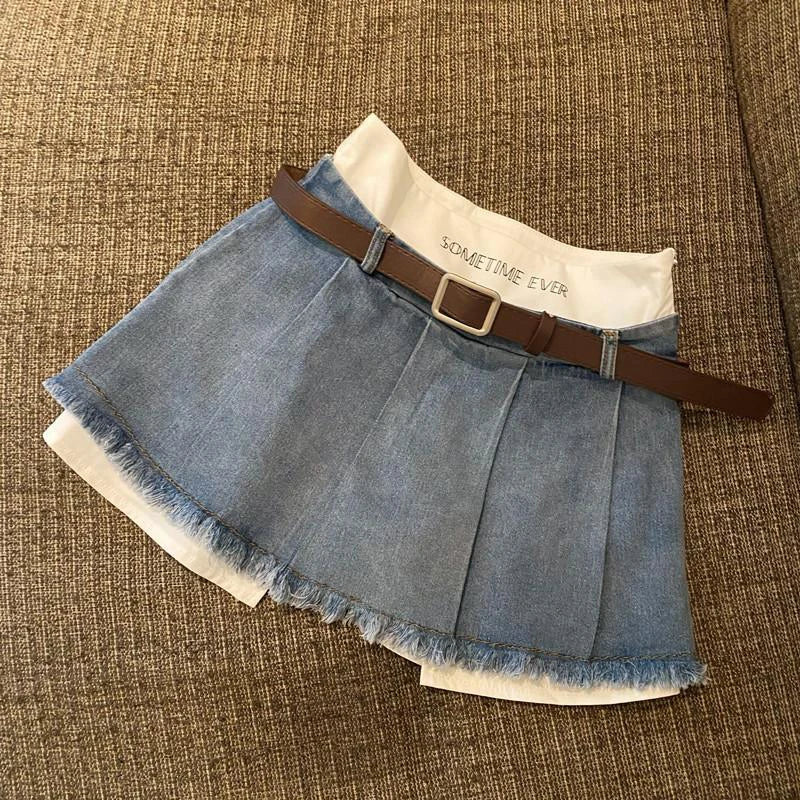 Gidyq Women High Waist Denim Skirts Summer Korean Fashion Patchwork Mini Skirts Streetwear Female Casual Tassels Jeans Skirts