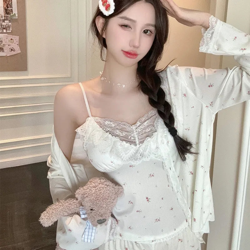 Women Pajama Sets Soft Modal Pijamas Mujer Sleepwear Lady Spring Summer New Nightwear Femme 3 Pieces Sets Lace Trim Homewear