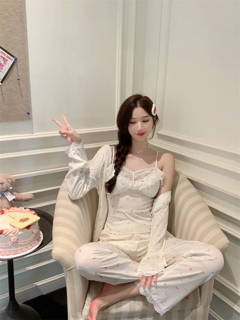 Women Pajama Sets Soft Modal Pijamas Mujer Sleepwear Lady Spring Summer New Nightwear Femme 3 Pieces Sets Lace Trim Homewear