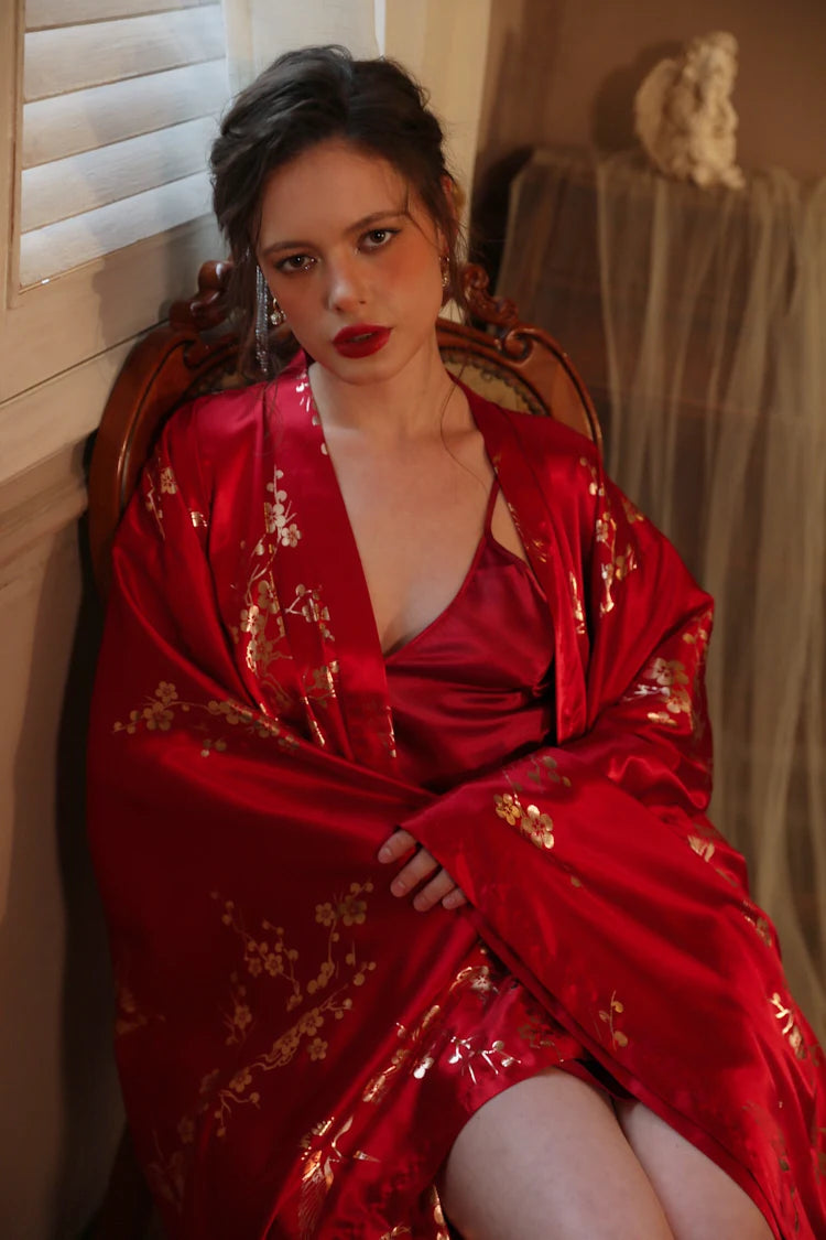 Bronzing Floral Kimono Robe Chinese Style Dress Big Sleeve Nightgown Lady Satin Homewear Bride Wedding Bathrobe Gown Loungewear