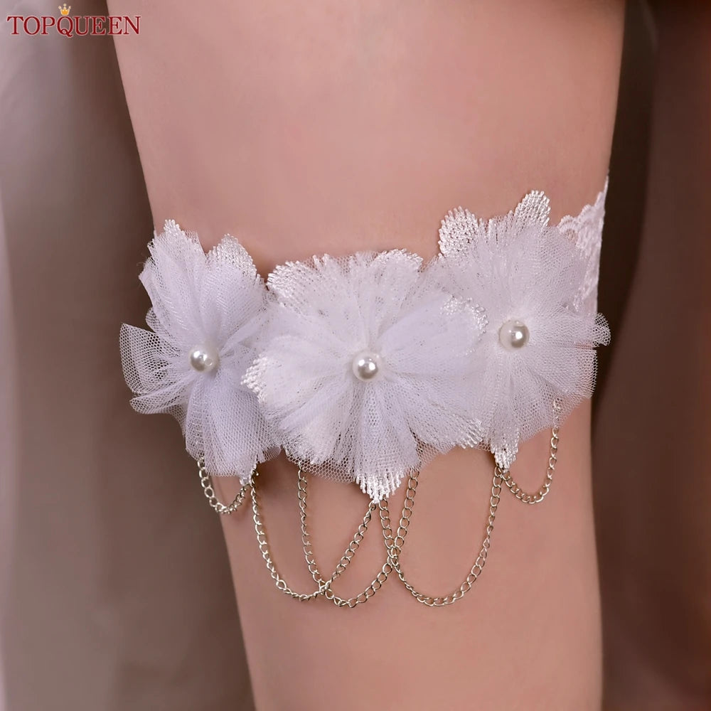 TopQueen ST66 Leg Ring Bride Sexy Lace Flower Rhinestones Pearls Wedding Garter Belt Bridal White Thigh Leg Accessories