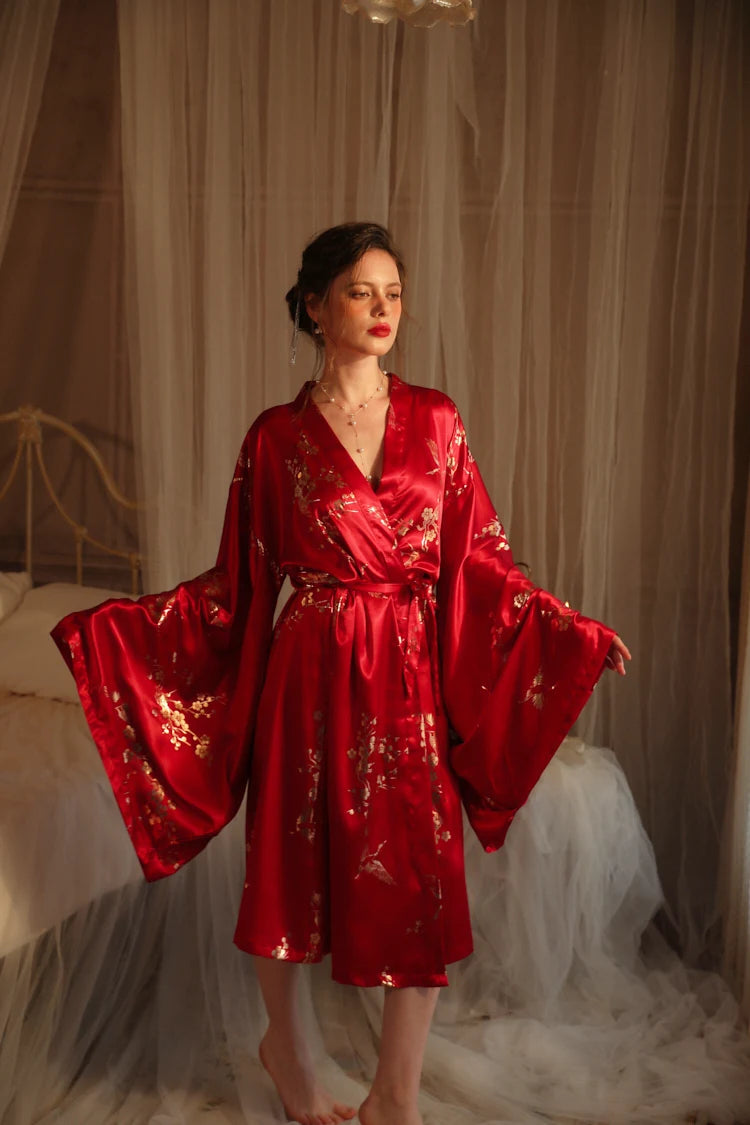 Bronzing Floral Kimono Robe Chinese Style Dress Big Sleeve Nightgown Lady Satin Homewear Bride Wedding Bathrobe Gown Loungewear