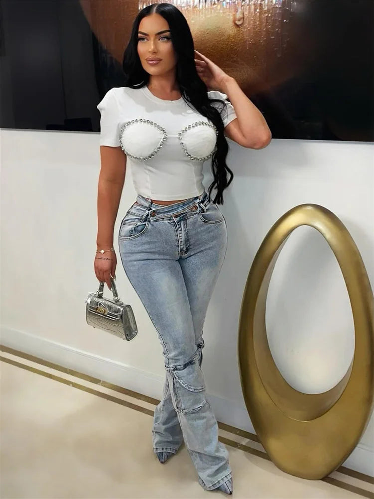 Weird Puss Distressed Irregular Jeans Women Button Zipper Waist Multiple Pockets Autumn Trend Skinny Stretch Streetwear Bottoms
