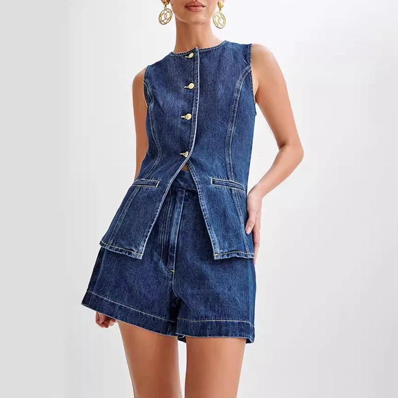 Women's Denim Tank Tops Casual Business Sleeveless Jean Blazer Vest Tops Button Front  Back Slit Pocket Waistcoat Y2K Clothes