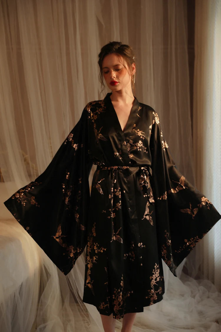 Bronzing Floral Kimono Robe Chinese Style Dress Big Sleeve Nightgown Lady Satin Homewear Bride Wedding Bathrobe Gown Loungewear