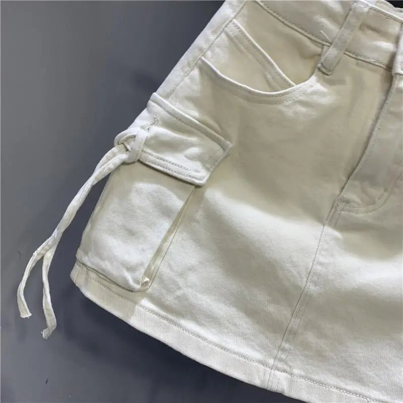 Zipper Fly Denim SKirts with Button Women's Denim Cargo Skirts with Pockets Sexy Mini A-line Jean Skirts Female Streetwear