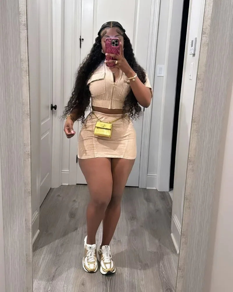 Women Solid Ribbed Patchwork 2 Piece Set Zip-up Short Sleeve Pockets Slim Crop Tops + Bodycon Mini Skirts Casual Streetwear Suit
