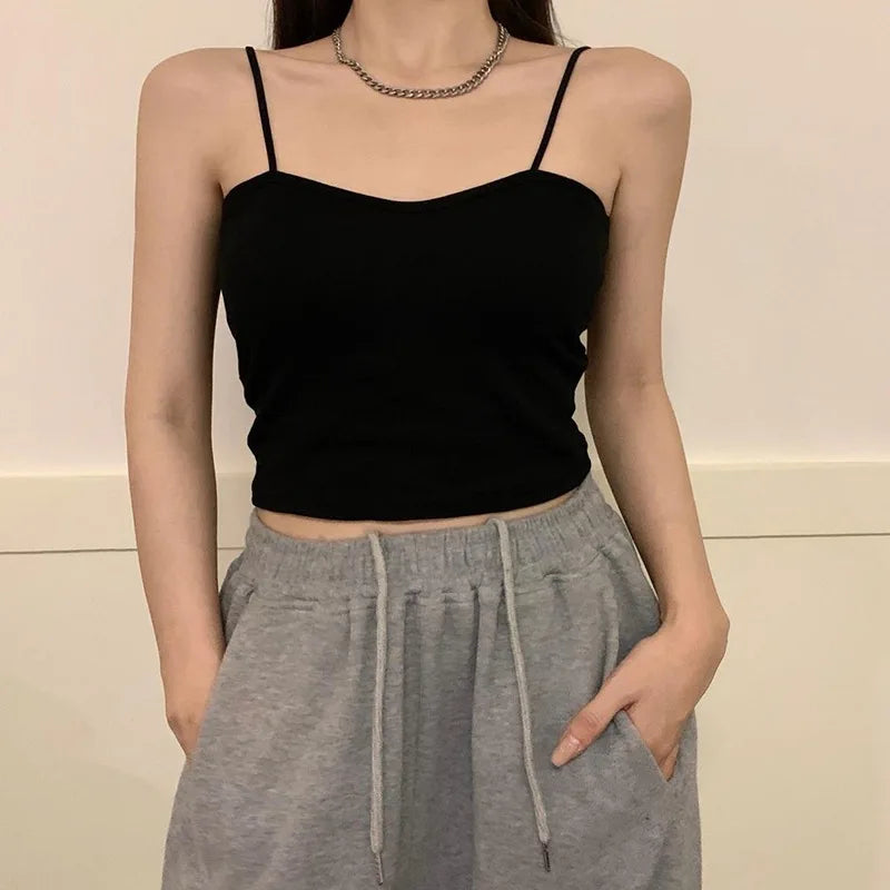 Women's Solid Sweet Camisole With Chest Pad Slimming Fit Fashion Yoga Sports Casual Versatile Cropped Top With Built In Bra